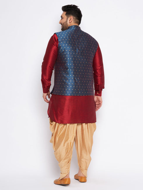Vastramay Men's Plus Size Blue Zari Weaved Nehru Jacket With Curved Kurta Dhoti set